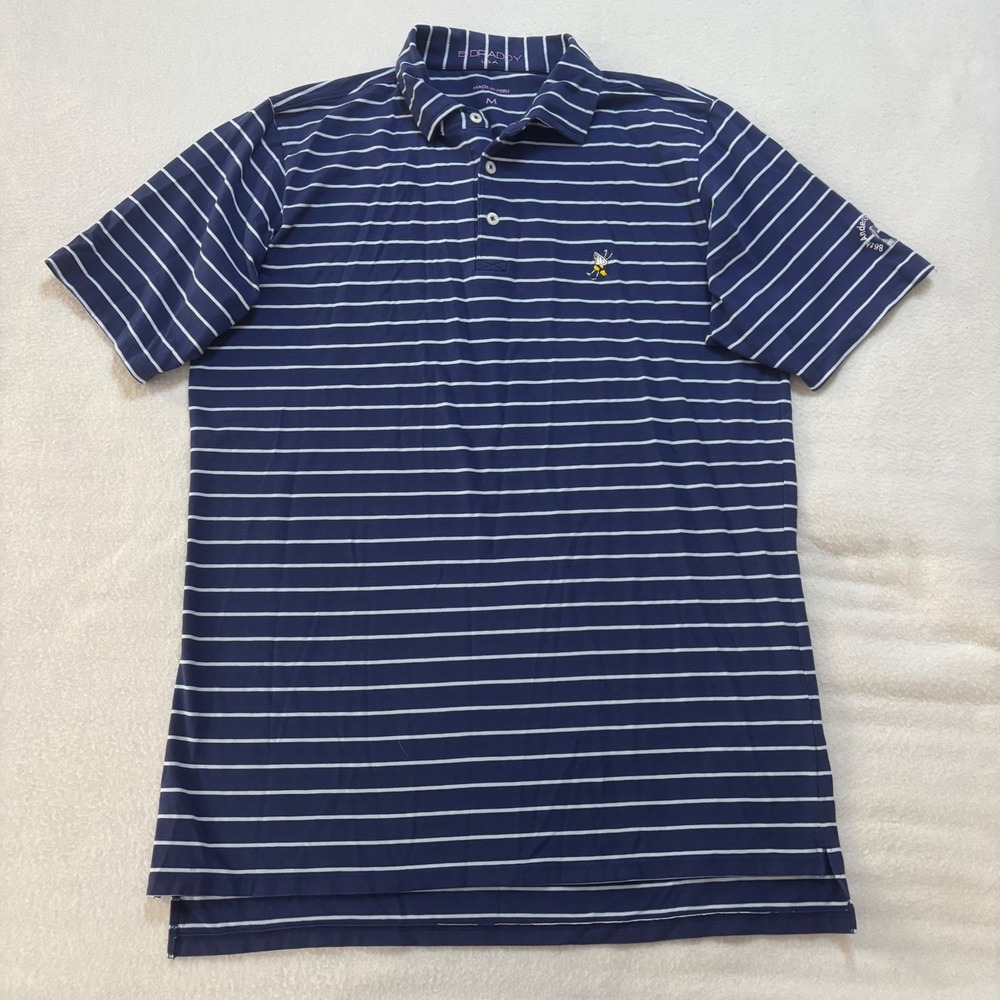 B Draddy Mens Navy Blue Striped Pima Cotton Polo Shirt Bee Anderson Memorial M